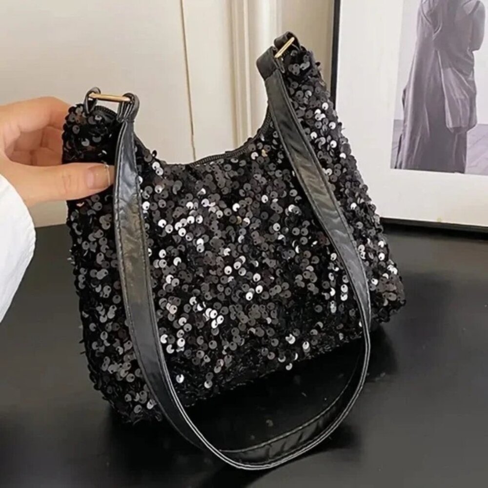 Chic Black Sequin Crossbody Bag For Women - Versatile Nylon Shoulder Purse